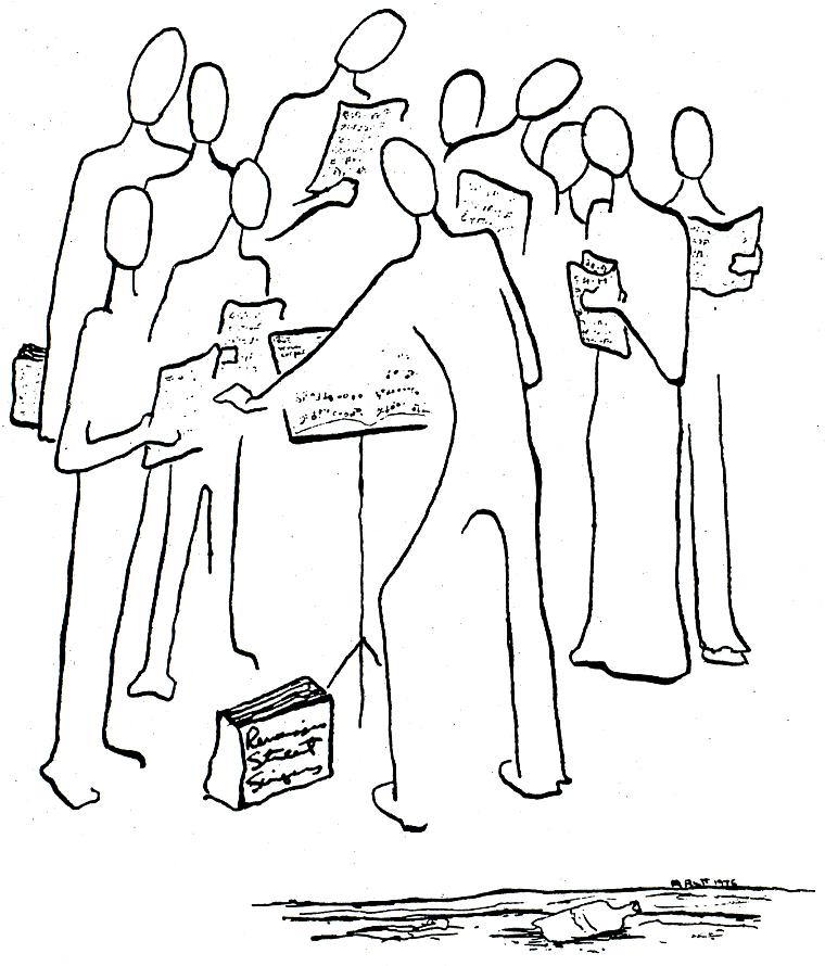 The Renaissance Street Singers, drawing by Mary Rutt, 1976
